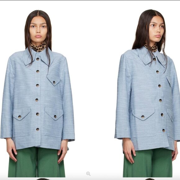GANNI Blue Slub Recycled Polyester and Linen Blend Jacket Size 34EU - Picture 2 of 10